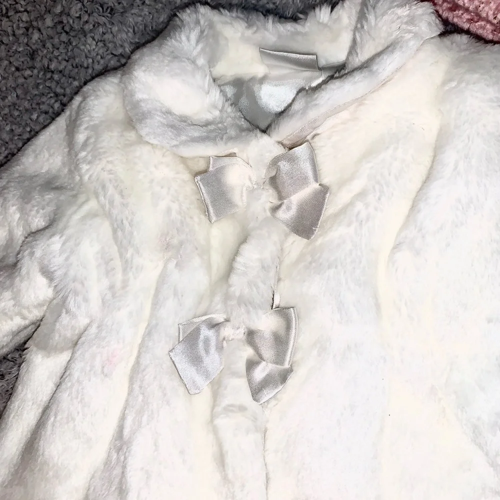 Koala Baby Boutique Vegan White Fur Coat and pink beanie hat 12 mos.